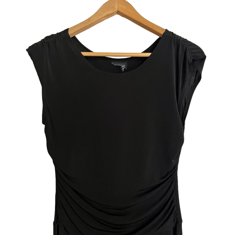 CLEARANCE easy pull-on sleeveless black midi dress with ruched waist